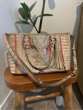 Brahmin Neutral Croc-Embossed Tote with Multicolor Painted Accent